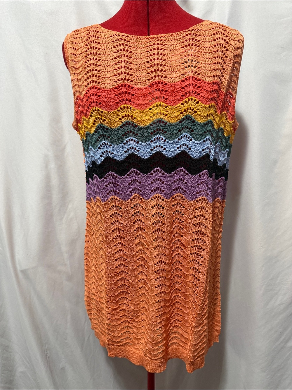 Crochet Wave Tank Top in Orange with Multicolor Stripes